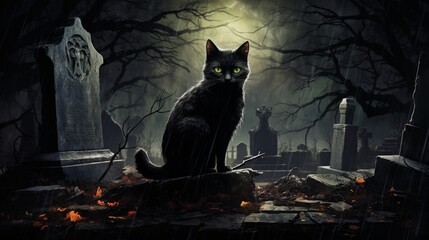 A black cat with glowing eyes stands between weathered tombstones. - obrazy, fototapety, plakaty