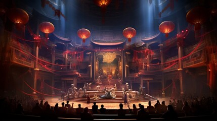 A breathtaking view of a Chinese opera house's interior, showcasing intricate stage designs and vibrant costumes.