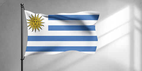 Uruguay national flag cloth fabric waving on beautiful sky Background.