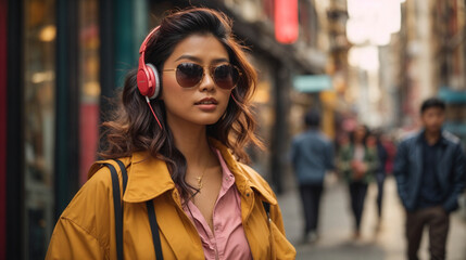 Obraz premium Portrait of a woman wearing stylish sunglasses and earphones.