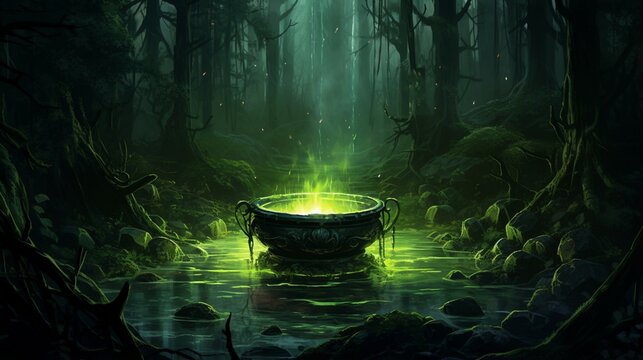A bubbling cauldron emits an eerie green light in a moonlit forest clearing.