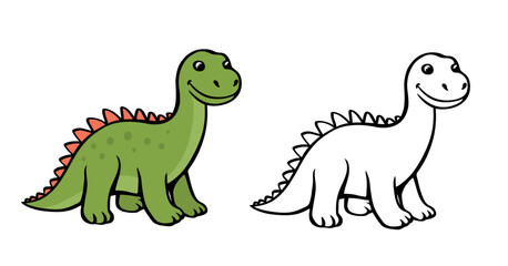 Cute cartoon young dinosaur. Green brontosaurus. Vector isolated clipart illustration. Black and color. Coloring page for kids