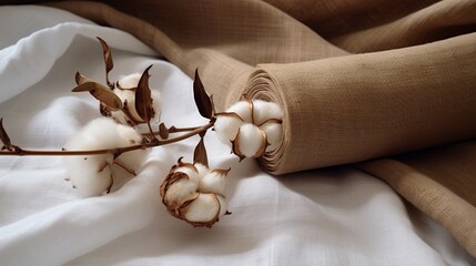 A bundle of raw cotton next to finished cotton fabric. - obrazy, fototapety, plakaty