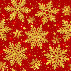 Christmas seamless pattern with snowflakes. Gold glitter texture. Winter background. Shining golden snowflakes on a red background.