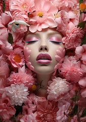 face of a young woman with stylish makeup surrounded by flowers, beauty, lipstick, portrait, lips, eyes, girl, feminine, cosmetics, shadows, skin care, glamour, fashion, model, bloom, spring, romantic