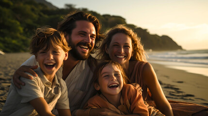 family smiling and enjoying the sea on the beaches of Costa Rica, incredible sunset from a trip through Central America - obrazy, fototapety, plakaty