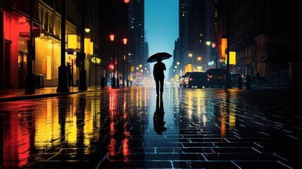 Man walking on a street illuminated with colored lights