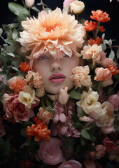 face of a young woman with stylish makeup surrounded by flowers, beauty, lipstick, portrait, lips, eyes, girl, feminine, cosmetics, shadows, skin care, glamour, fashion, model, bloom, spring, romantic