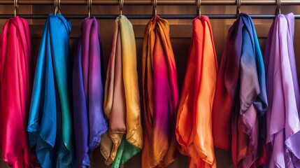 A cascade of colorful silk scarves hanging from a wooden rack.