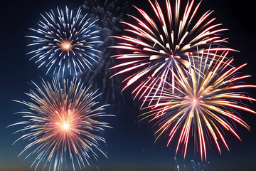 Fototapeta premium beautiful new year fireworks in the night, a illustration of xmas and new year celebration, new year 2024 fireworks in a night sky, new year and christmas fireworks wallpaper