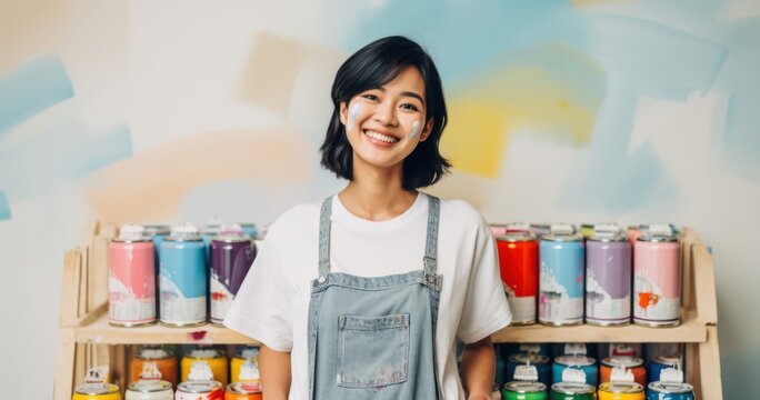 Asian Female House Painter Industry Attractive Backdrop Generative AI