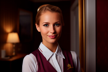 A beautiful maid with a European appearance on the background of a hotel room.