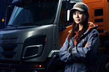 Asian Woman Industrial Truck Operator Industry Lifestyle Backdrop Generative AI
