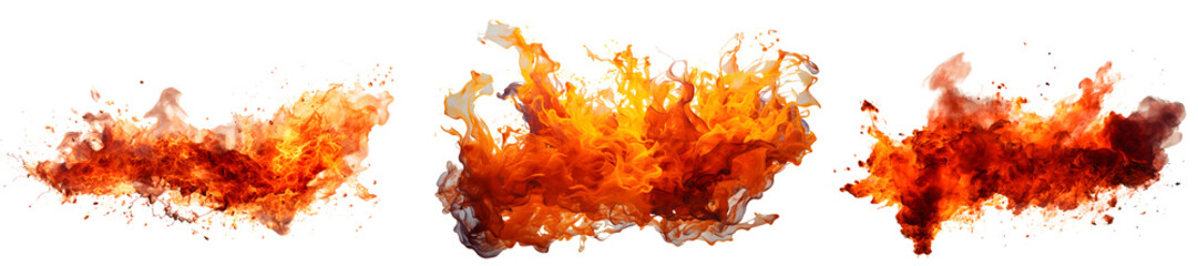 Set of explosions fire splatters isolated on transparent background  - obrazy, fototapety, plakaty