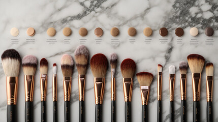 Makeup brush for different applications, with each brush type showcased on marble