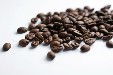 White background coffee beans, aerial view, in focus. Generative AI