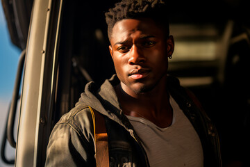 Handsome African truck driver on the background of a truck on the road. The profession of truck driver.