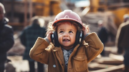 A child covering their ears at a busy construction site, highlighting the impact of construction-related noise pollution. - obrazy, fototapety, plakaty