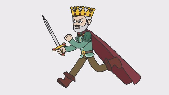White male king runs holding a sword in his hand. Looped 4K video with alpha-channel.