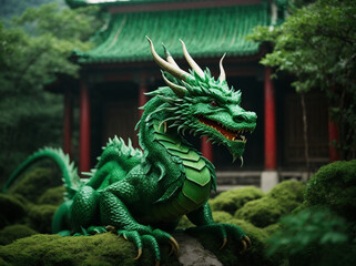 Fototapeta premium Chinese green wood dragon statue, symbol of the 2024 year
