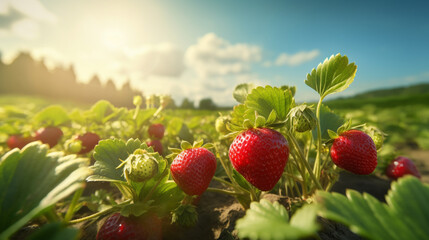 Fresh strawberry in the field and plantation under the sun light. Created using generative AI. - obrazy, fototapety, plakaty