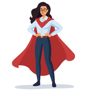 Flat vector illustration. Female office worker in superhero cape. Concept of leadership in team . Vector illustration