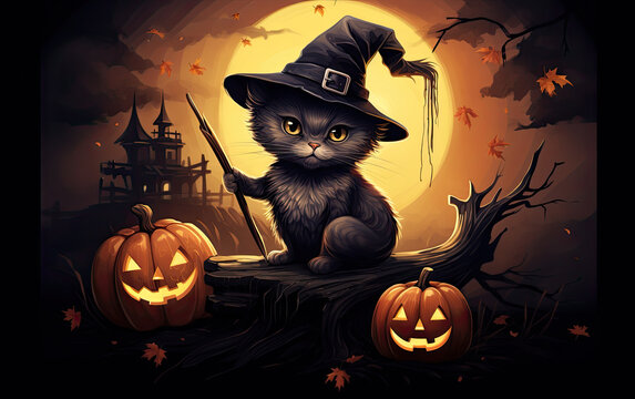 A cute cat wearing a witch hat and sitting on a broomstick, with a pumpkin and a cauldron in the background