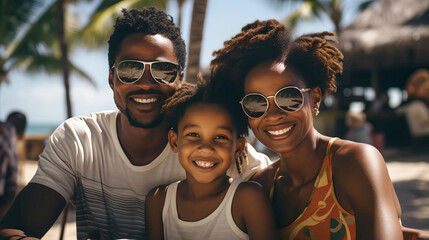 African American family enjoying wonderful vacation in the Caribbean, beach life, summer and sea - obrazy, fototapety, plakaty