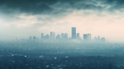 A city skyline partially obscured by smog, symbolizing the struggle against air pollution in urban areas.
