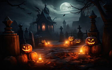 Halloween pumpkins and candles near graves. Halloween pumpkin head jack lantern with burning candles. Ai Generative