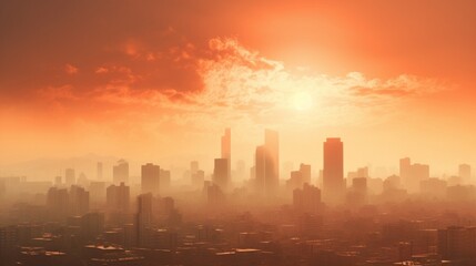 A cityscape shrouded in a hazy, heat-induced distortion, showcasing the effects of urban air thermal pollution.