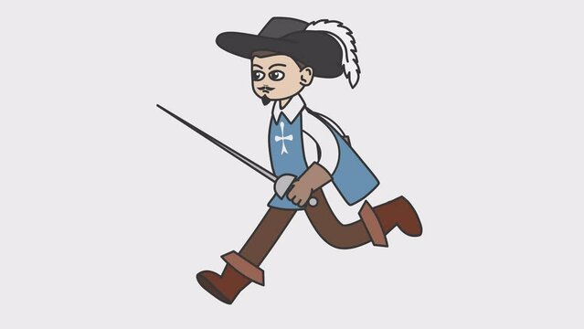 White male musketeer runs holding epee in his hand.. Looped 4K video with alpha-channel.