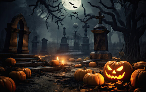 Halloween pumpkins and candles near graves. Halloween pumpkin head jack lantern with burning candles. Ai Generative