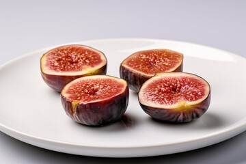  beautiful appetizing figs on a white plate on a white background