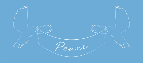 Two white doves with peace banner on the sky-blue background
