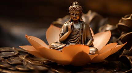 A close-up of a lotus flower gently cradling a tiny Buddha figurine.