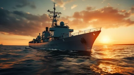 Zelfklevend Fotobehang Sunset over a navy ship on the open sea © olegganko