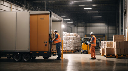 Warehouse interior work process of loading and unloading at the warehouse cold storage loading dock. - Powered by Adobe