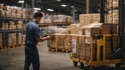 Worker in warehouse unloading process at the warehouse cold storage loading dock, where employee carefully handle temperature and sensitive products.