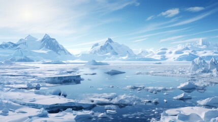 Fototapeta na wymiar Snowy mountains reflected in calm water around ice floe