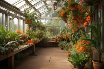 Fototapeta na wymiar Interior of a Victorian greenhouse filled with vibrant tropical flowers. Generative AI