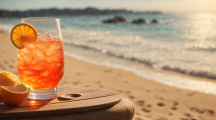 Orange cocktail on the beach, vibrant orange hue beautifully complemented by the serene beach setting.