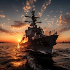 Fototapeta premium Sunset over a navy ship on the open sea