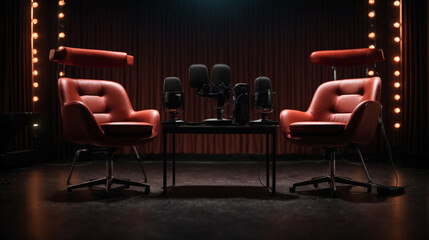 Podcasting, with two chairs and microphones set against a dark background.