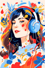 color flat illustration of a girl wearing headphones listening to music. generative ai