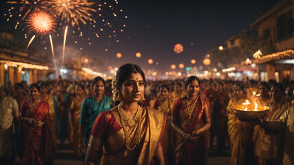 Woman celebrates the rich cultural diversity of India, with various regional celebrations and fireworks. - obrazy, fototapety, plakaty