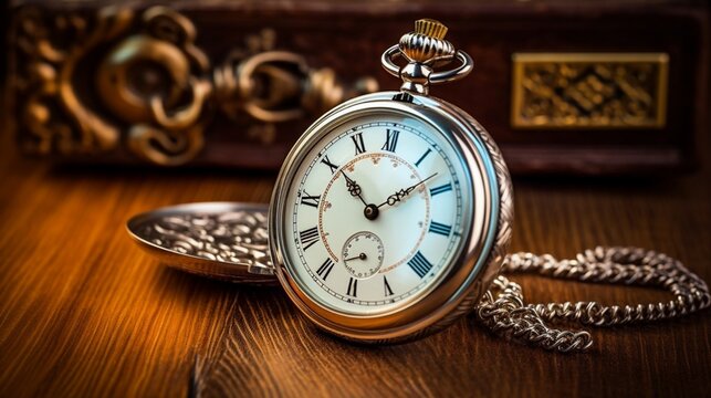A close-up of a silver pocket watch lying on an antique wooden table.