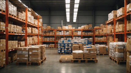 Warehouse interior, chilled storage area, with neatly stacked pallets and goods.