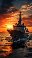 Obraz premium Sunset over a navy ship on the open sea
