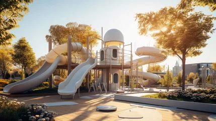 Tuinposter modern playground, fantastic urban design, childhood, place to walk with children, park, outdoor games, architecture, attractions, slides, play area, tunnel, kids house, windows, stairs, light, fun © Julia Zarubina